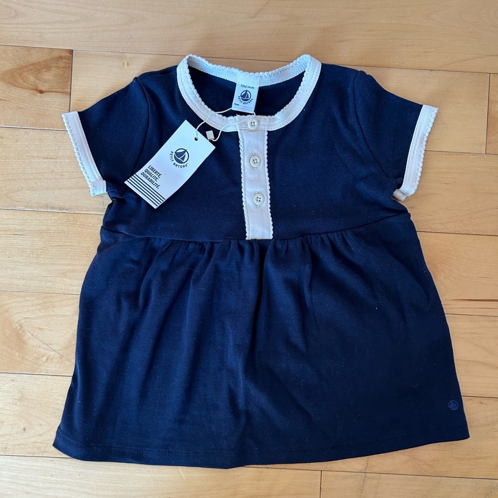 Petit Bateau Navy Baby Button Down Dress with Ivory Accents